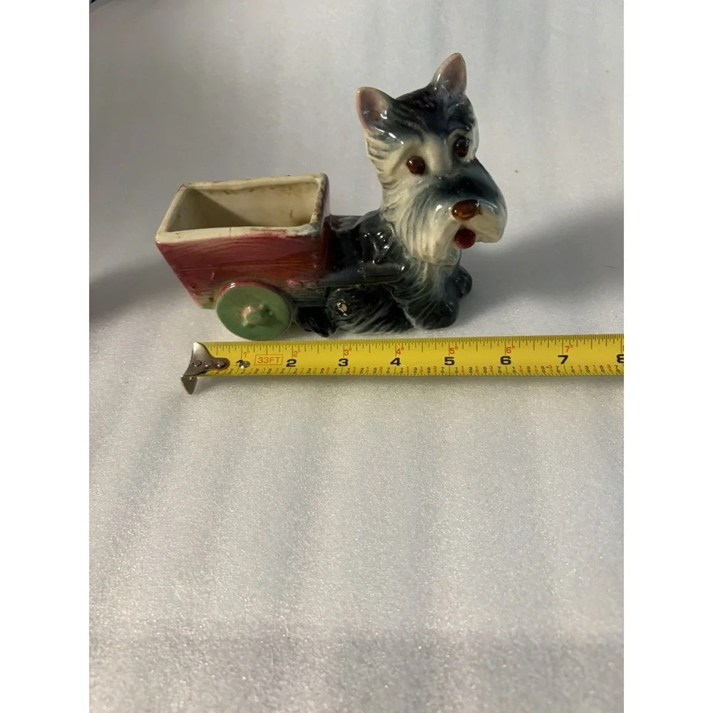 Vintage Ceramic Scottie Dog Planter Pulling Red Cart Wagon Green Wheels 6
